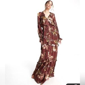 ASOS Burgundy Floral Maxi Dress Long Sleeves